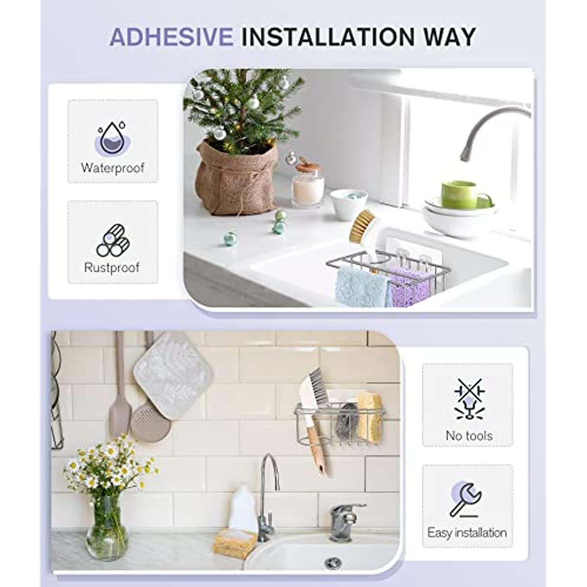 Adhesive Stainless Steel Sink Caddy for Sponges and Brushes, Rust-Resistant Drain Rack - Image 4