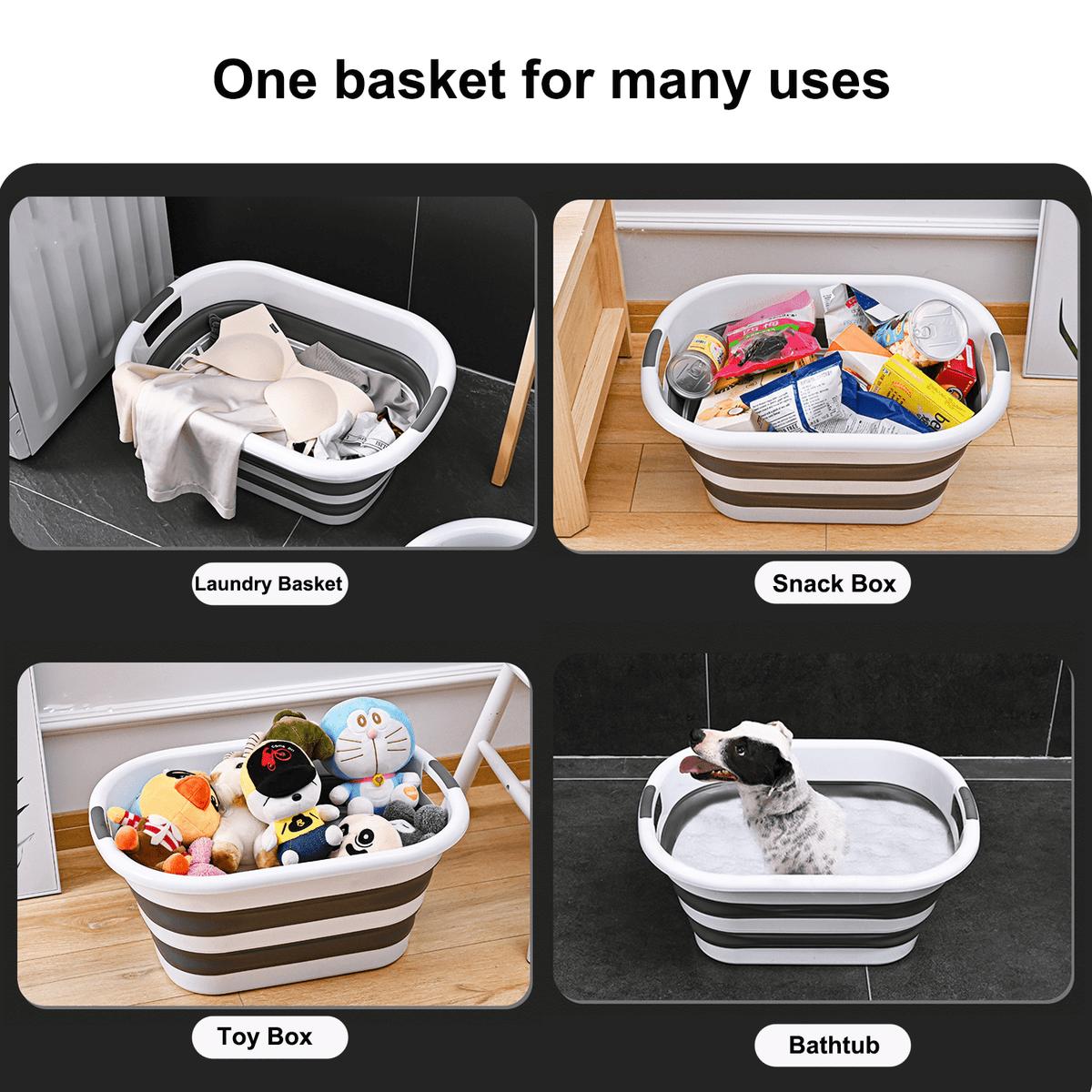 Collapsible Plastic Laundry Basket, 42 L Pop-Up Folding Wash Tub, White and Grey - Image 2