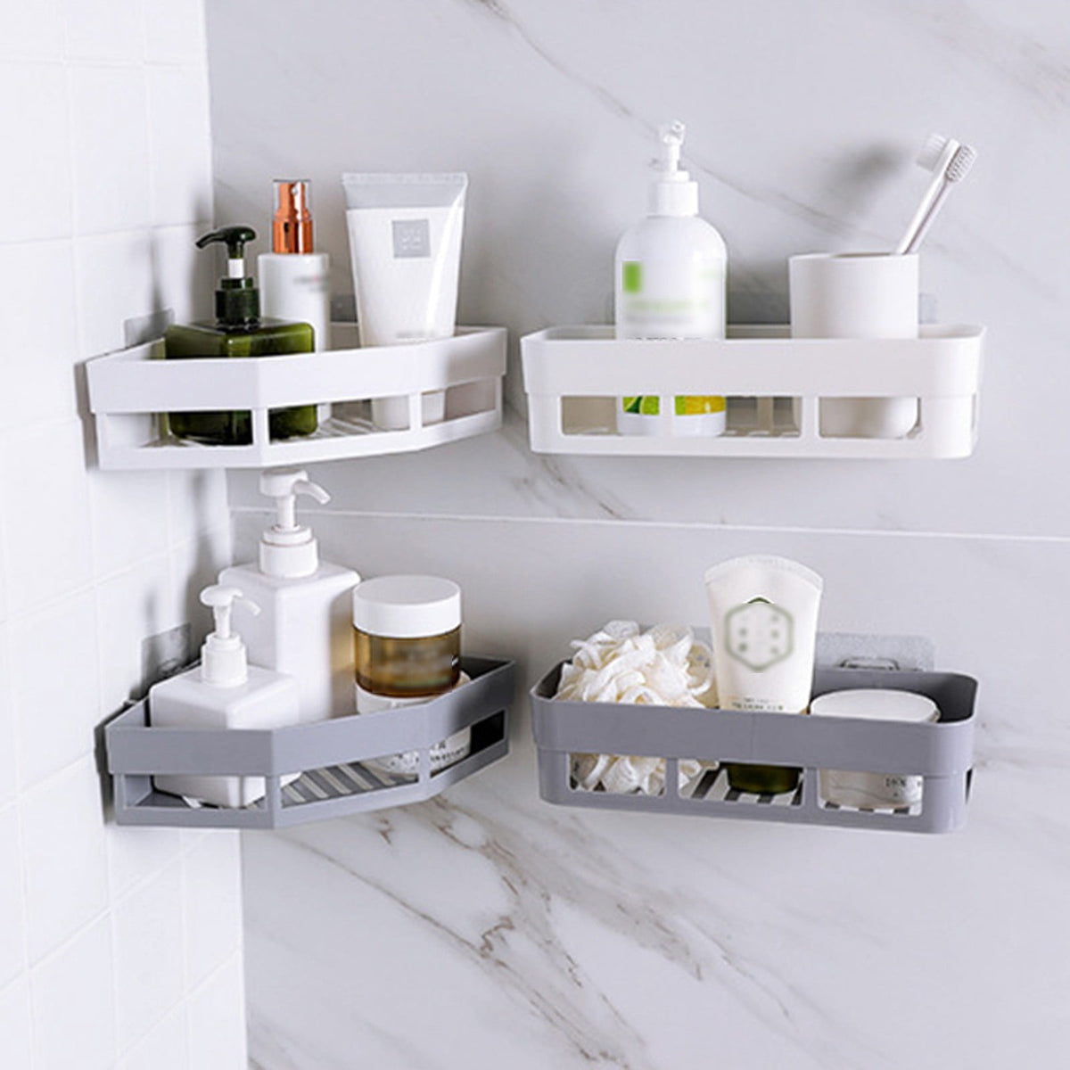 Adhesive Bathroom Shelf, 10.24 Inch No-Drill Shower Caddy with Drain Bottom, White - Image 3