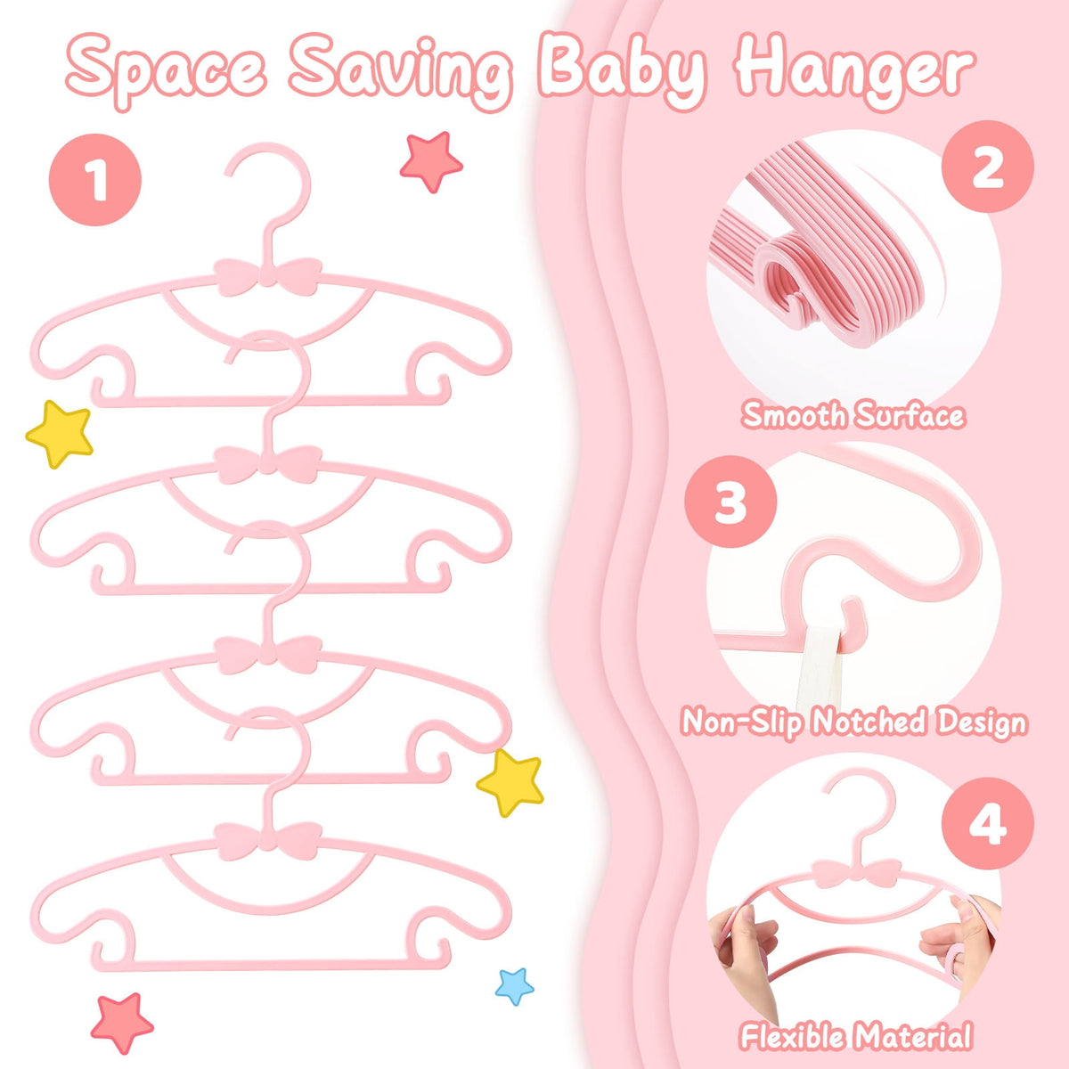 Plastic Baby Clothes Hangers, 50-Pack Non-Slip Notched Hangers for Nursery Closets, Pink - Image 4