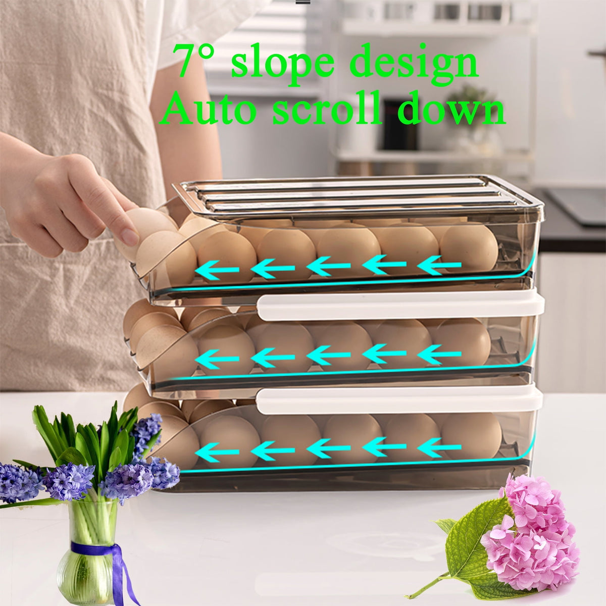 Rolling Egg Holder for Refrigerator with Lid, 3-Layer Stackable Egg Organizer, Brown - Image 3
