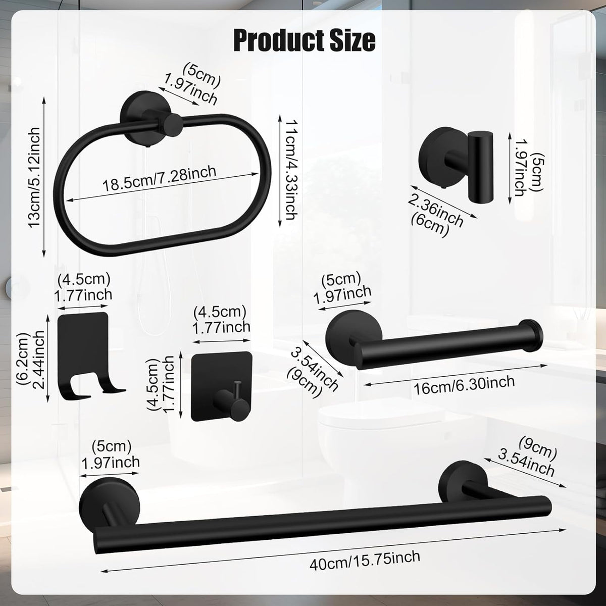 7-Piece Stainless Steel Bathroom Hardware Set with 16 Inch Towel Bar, Ring and Hooks, Matte Black - Image 4