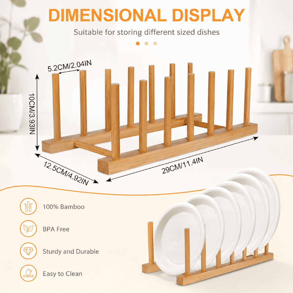 Bamboo Plate Rack, 2-Pack Vertical Dish and Lid Organizer, 6 Slots, 80 lb Capacity - Image 5