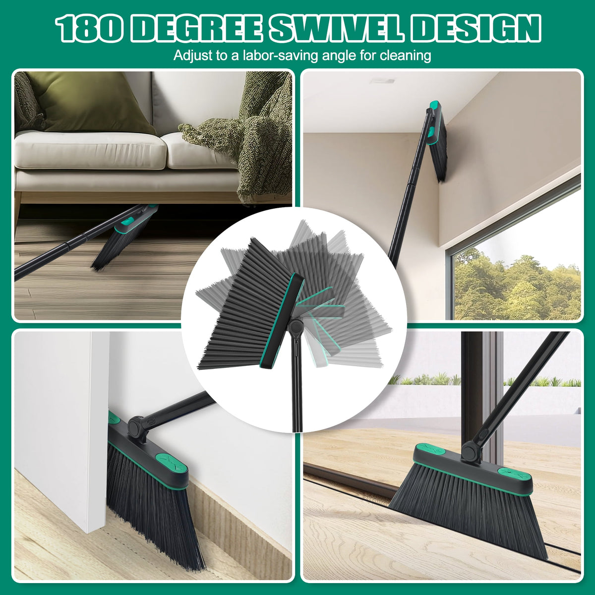 Broom and Dustpan Set with 53.5 Inch Telescopic Handle and See-Through Pan, Green - Image 4