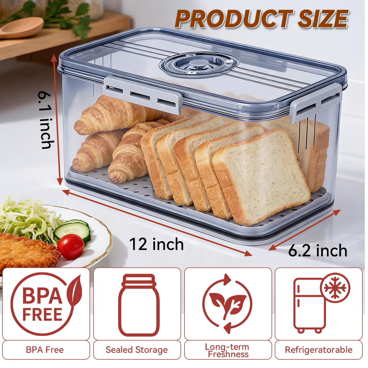 Airtight Bread Box with Date Dial, Countertop Storage Container for Bread and Pastries, Grey - Image 4